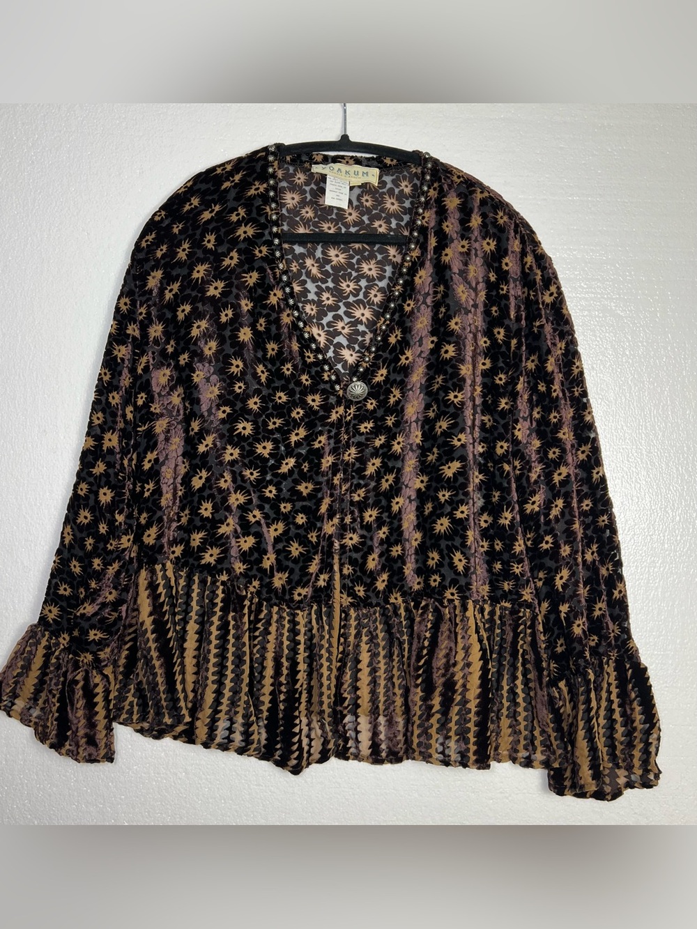 Yoakum Double D Ranch 1X Velvet Burnout Floral Blouse Black Brown Boho Western